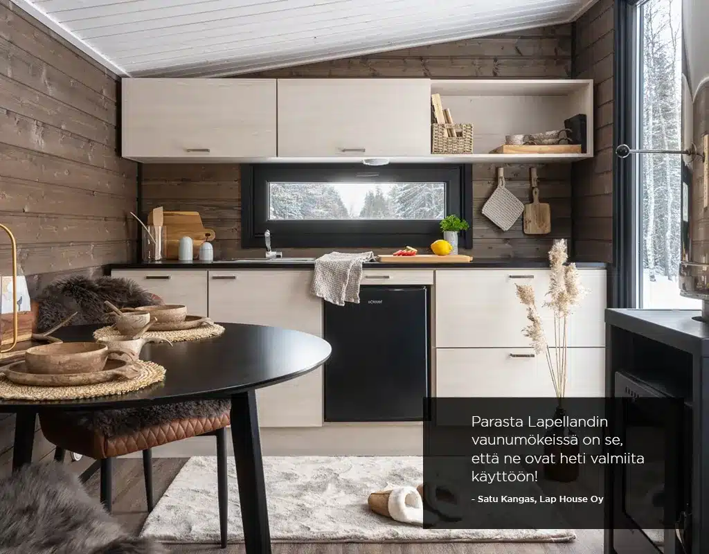 Asiakaspalaute Lapelland-kokemuksista. Asiakkaan mukaan parasta on vaunumökin välitön käyttövalmius toimituksen jälkeen.
