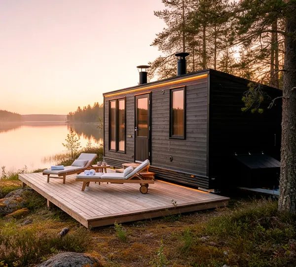 Takkatuvallinen Vaunusauna L tarjoaa upeat löylyt Harvian kiukaalla.